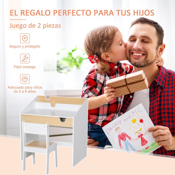 Dětský stůl s židlí HOMCOM pro děti ve věku 3-6 let, 2 v 1, set 2 kusů se šuplíkem a knihovnou 70x50x75 cm, bílá a přírodní | Aosom