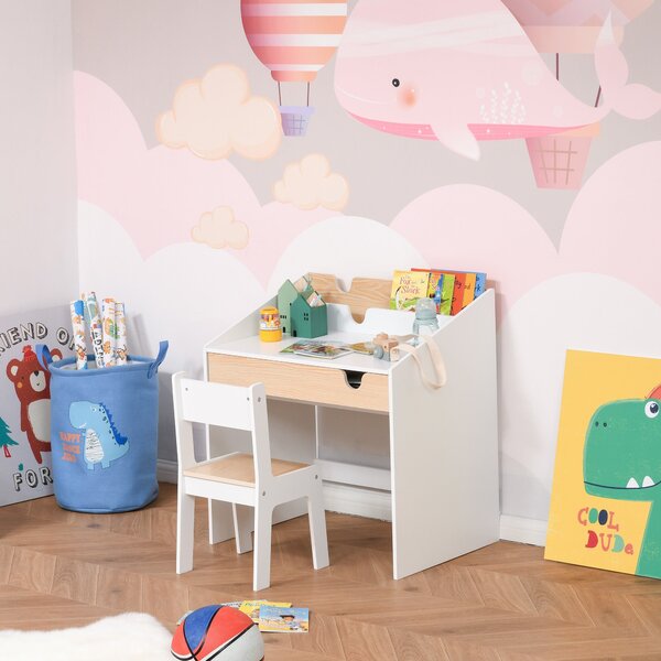 Dětský stůl s židlí HOMCOM pro děti ve věku 3-6 let, 2 v 1, set 2 kusů se šuplíkem a knihovnou 70x50x75 cm, bílá a přírodní | Aosom