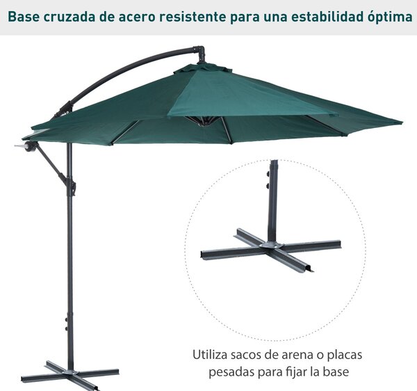 Zahradní slunečník Outsunny Ø300x250 cm s bočním podpěrným mechanismem a křížovou základnou - Tmavě zelený | Aosom