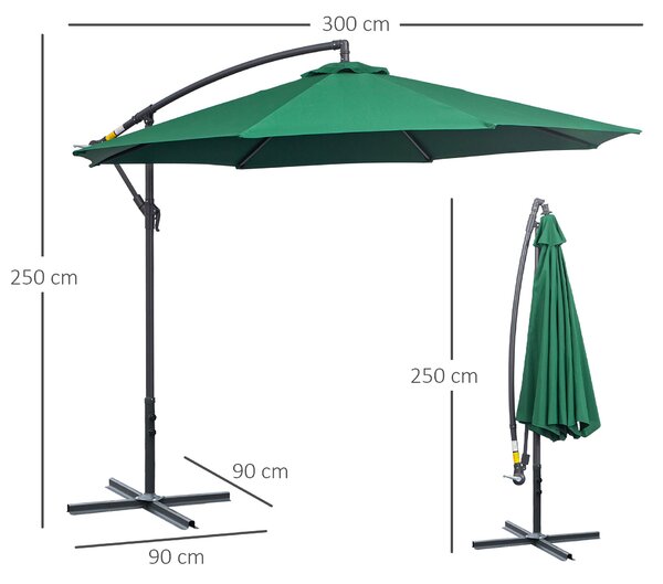 Zahradní slunečník Outsunny Ø300x250 cm s bočním podpěrným mechanismem a křížovou základnou - Tmavě zelený | Aosom