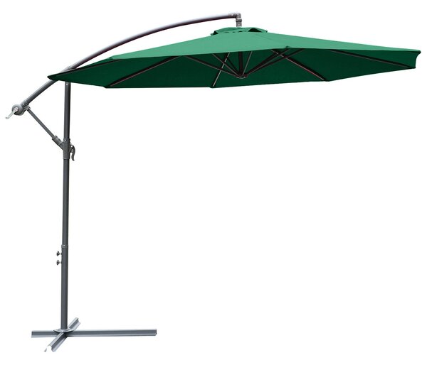 Zahradní slunečník Outsunny Ø300x250 cm s bočním podpěrným mechanismem a křížovou základnou - Tmavě zelený | Aosom