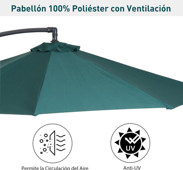 Zahradní slunečník Outsunny Ø300x250 cm s bočním podpěrným mechanismem a křížovou základnou - Tmavě zelený | Aosom