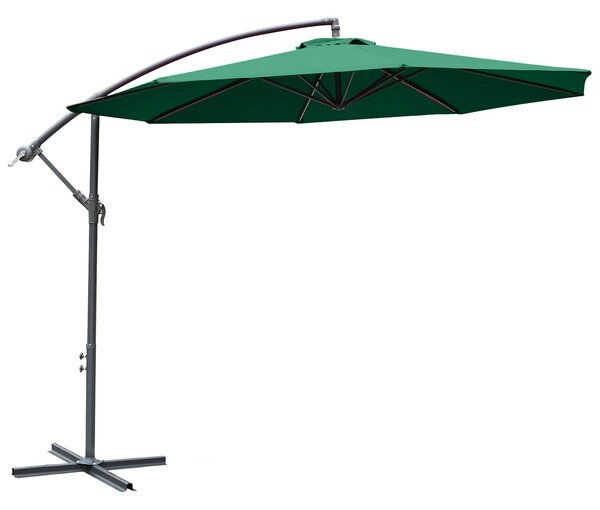 Zahradní slunečník Outsunny Ø300x250 cm s bočním podpěrným mechanismem a křížovou základnou - Tmavě zelený | Aosom