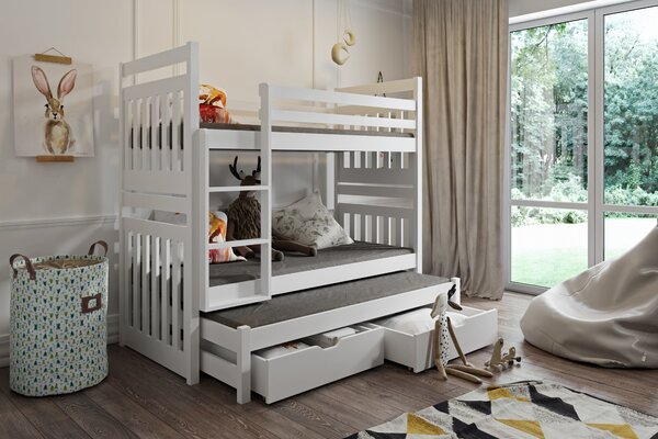 Dětská patrová postel z masivu borovice SAMBOR s přistýlkou a šuplíky - 200x90 cm - bílá