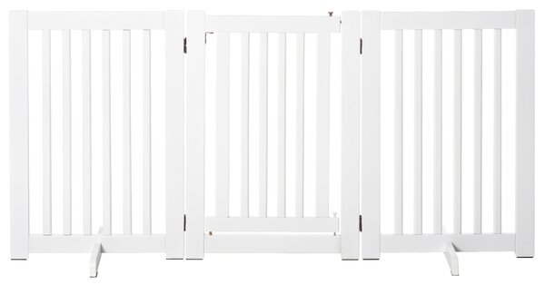 PawHut Dřevěná Psí Brána 155x76 cm Skládací Plot 3 Panely s 1 Dveřmi a Podpůrnými Nohy pro Chodbu a Schodiště Bílá | Aosom