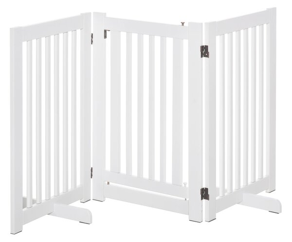 PawHut Dřevěná Psí Brána 155x76 cm Skládací Plot 3 Panely s 1 Dveřmi a Podpůrnými Nohy pro Chodbu a Schodiště Bílá | Aosom