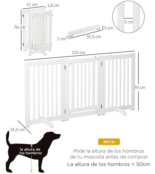 PawHut Dřevěná Psí Brána 155x76 cm Skládací Plot 3 Panely s 1 Dveřmi a Podpůrnými Nohy pro Chodbu a Schodiště Bílá | Aosom