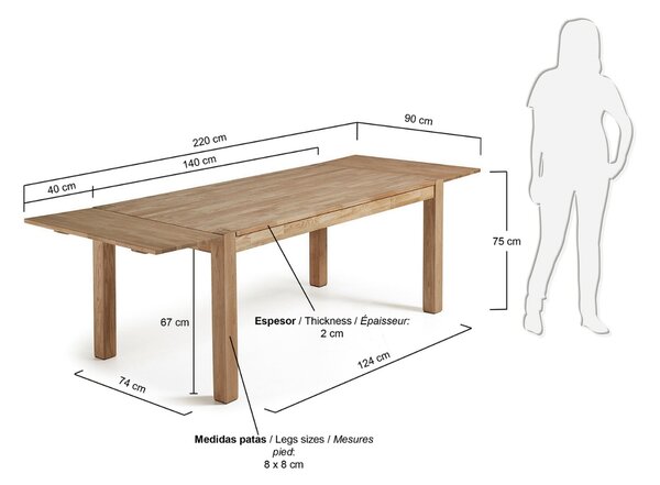 Kave Home Dubový rozkládací jídelní stůl Isbel 140/220 x 90 cm