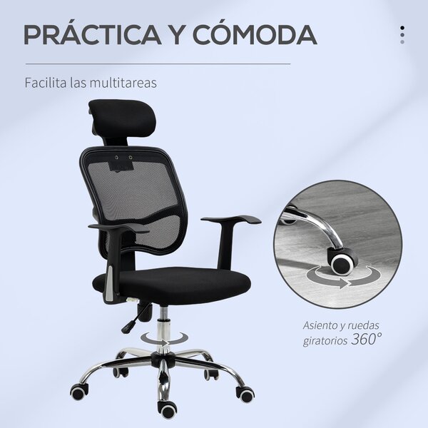 Vinsetto Otáčecí Kancelářská Židle Ergonomická Pracovní Židle s Nastavitelnou Výškou, Funkční Opěrkou Hlava a Bederní Oporou 63x62x109-117 cm Černá |