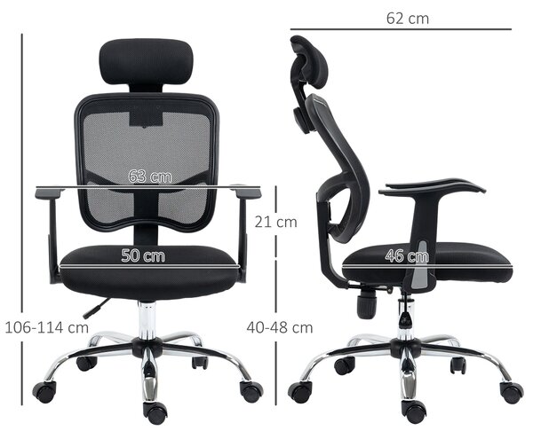 Vinsetto Otáčecí Kancelářská Židle Ergonomická Pracovní Židle s Nastavitelnou Výškou, Funkční Opěrkou Hlava a Bederní Oporou 63x62x109-117 cm Černá |