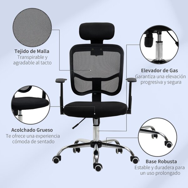 Vinsetto Otáčecí Kancelářská Židle Ergonomická Pracovní Židle s Nastavitelnou Výškou, Funkční Opěrkou Hlava a Bederní Oporou 63x62x109-117 cm Černá |