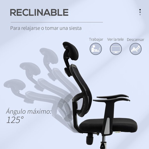 Vinsetto Otáčecí Kancelářská Židle Ergonomická Pracovní Židle s Nastavitelnou Výškou, Funkční Opěrkou Hlava a Bederní Oporou 63x62x109-117 cm Černá |