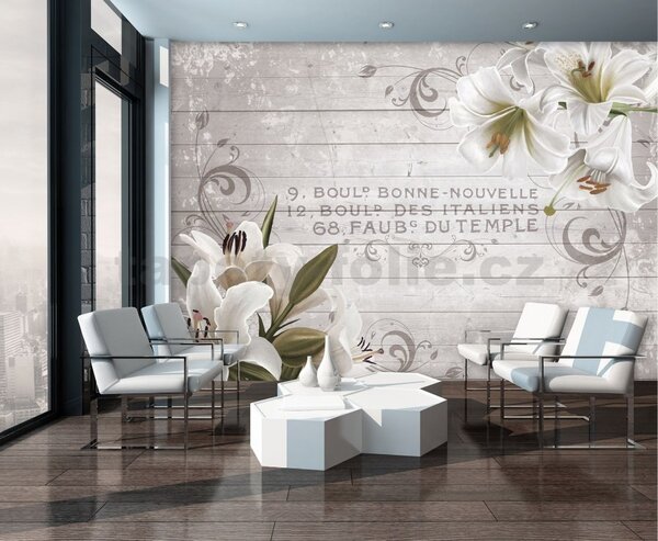Vliesové fototapety 10050 V8, rozměr 368 cm x 254 cm, lilie na dřevěných latích, IMPOL TRADE