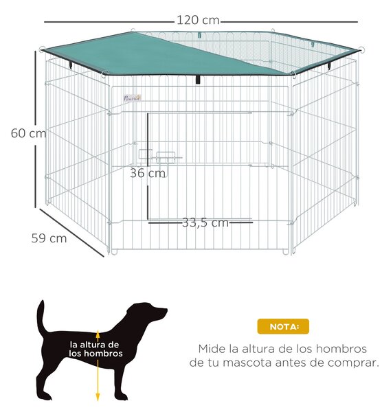 PawHut Ohrádka pro psy 6 panelů 59x60 cm Skládací kovový plot pro domácí mazlíčky s dveřmi a zámkem a stříškou pro zahradu a terasu | Aosom