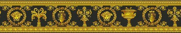 Vliesové bordury na zeď Versace III 34305-1, rozměr 5 m x 9 cm, barokní květinový vzor černo-zlatý, A.S. Création