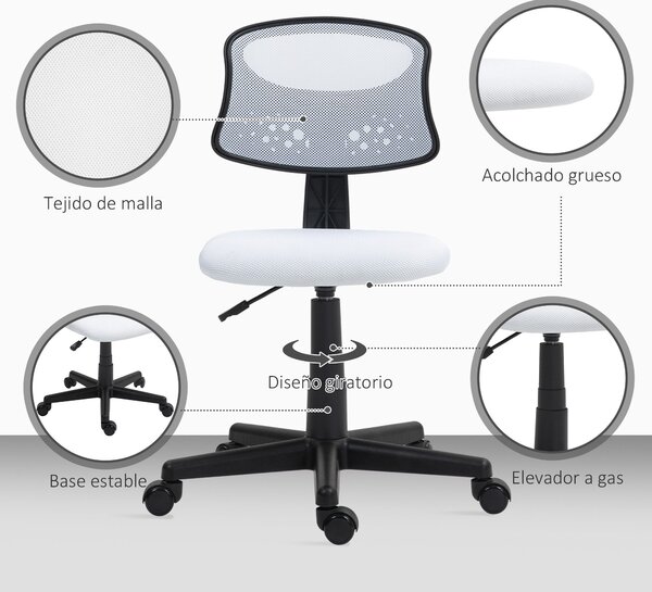 HOMCOM Ergonomická kancelářská židle bez opěrek s síťovinou, otáčecí, nastavitelná výška, nosnost 120 kg, bílá | Aosom