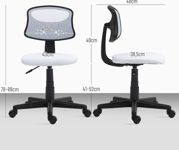 HOMCOM Ergonomická kancelářská židle bez opěrek s síťovinou, otáčecí, nastavitelná výška, nosnost 120 kg, bílá | Aosom