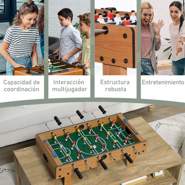 HOMCOM Stolní fotbálek pro děti od 6 let, dřevěná fotbalová hra se 2 míči, 6 úchyty, 2 ukazateli skóre a 18 hráči, 69x36,5x22 cm, přirozené | Aosom