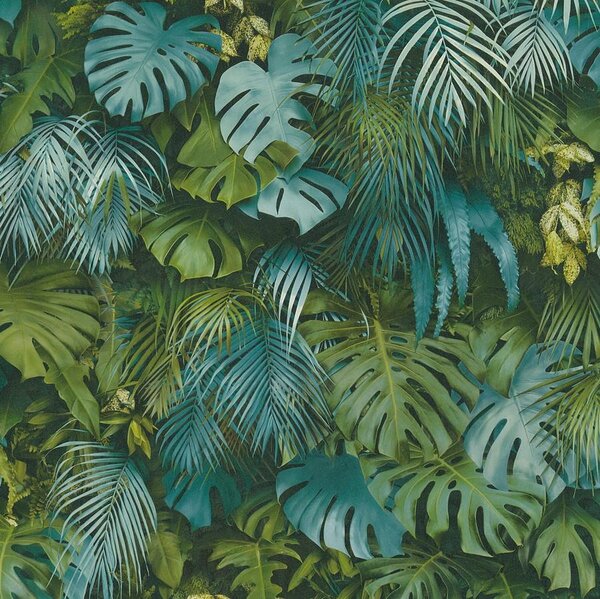 Vliesové tapety na zeď Greenery 37280-3, rozměr 10,05 m x 0,53 m, palmové listy a listy Monstera modro-zelené, A.S. Création