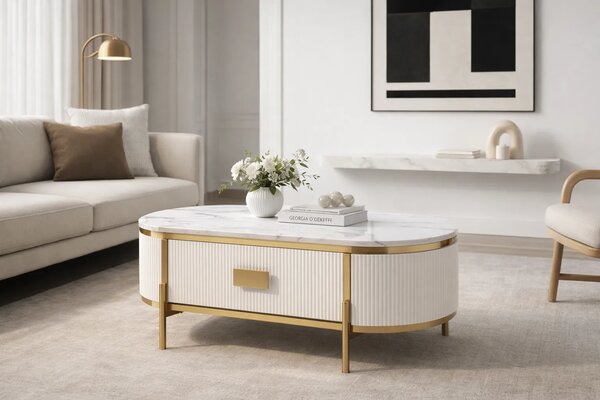 LivinHill Konferenční stolek Stilig ST380C 124 cm zlatý/bílý mramor