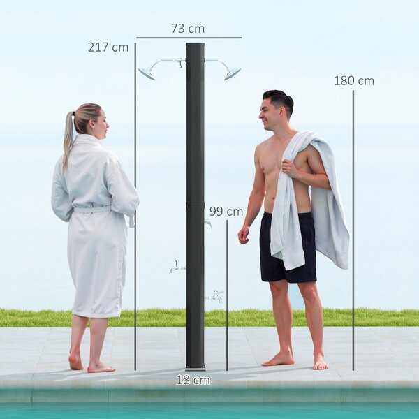 Solární zahradní sprcha Outsunny 35 L - venkovní sprcha s 2 otočnými hlavami, nožními kohoutky a maximální teplotou vody 55°C pro bazén, kempování, te