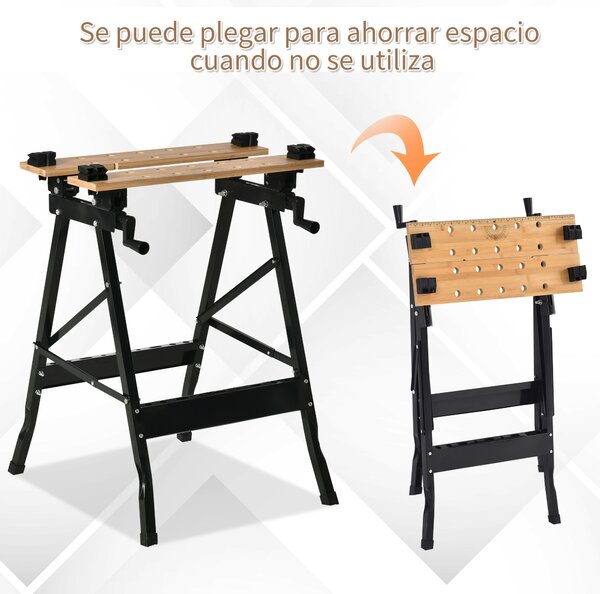 Skládací přenosný pracovní stůl HOMCOM s nastavitelnými bambusovými a ocelovými deskami 150 kg nosnost 63,5x60,5x78 cm Přírodní dřevo a černá | Aosom