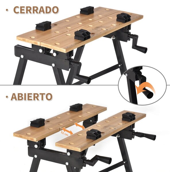 Skládací přenosný pracovní stůl HOMCOM s nastavitelnými bambusovými a ocelovými deskami 150 kg nosnost 63,5x60,5x78 cm Přírodní dřevo a černá | Aosom