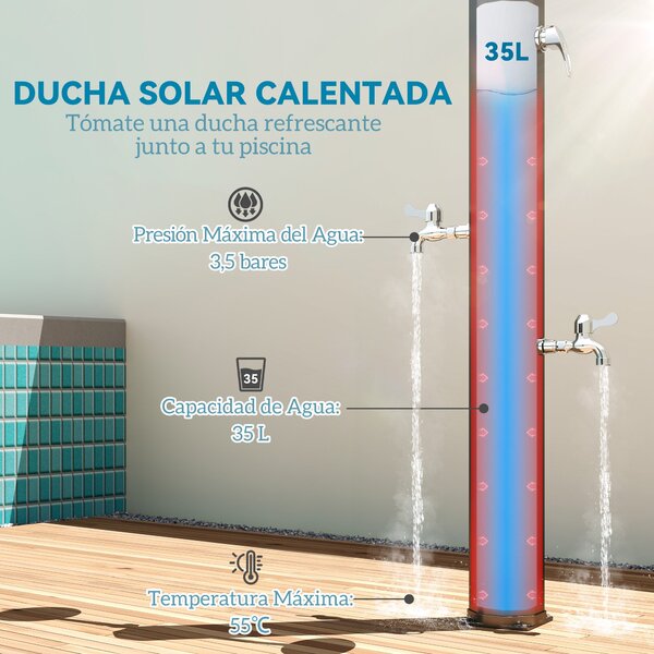 Solární zahradní sprcha Outsunny 35 L - venkovní sprcha s 2 otočnými hlavami, nožními kohoutky a maximální teplotou vody 55°C pro bazén, kempování, te