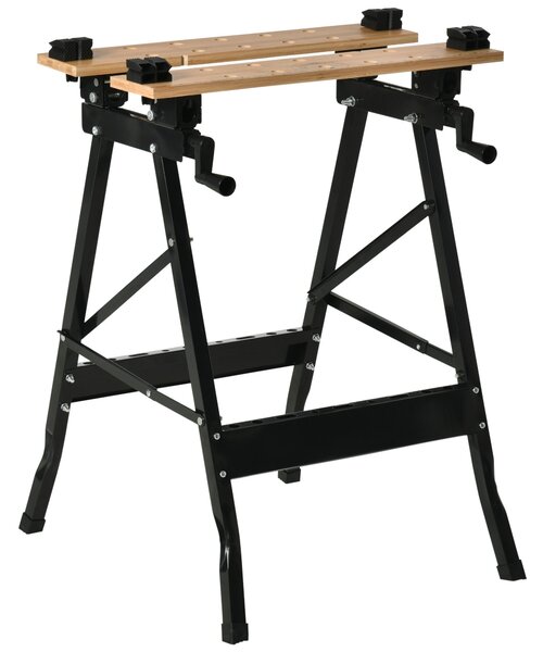 Skládací přenosný pracovní stůl HOMCOM s nastavitelnými bambusovými a ocelovými deskami 150 kg nosnost 63,5x60,5x78 cm Přírodní dřevo a černá | Aosom