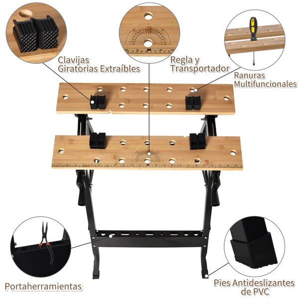Skládací přenosný pracovní stůl HOMCOM s nastavitelnými bambusovými a ocelovými deskami 150 kg nosnost 63,5x60,5x78 cm Přírodní dřevo a černá | Aosom