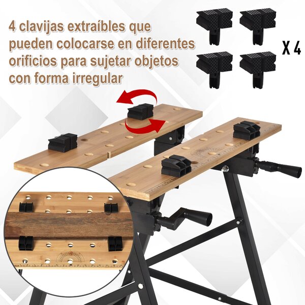 Skládací přenosný pracovní stůl HOMCOM s nastavitelnými bambusovými a ocelovými deskami 150 kg nosnost 63,5x60,5x78 cm Přírodní dřevo a černá | Aosom