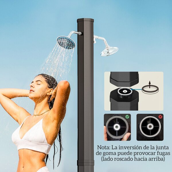 Solární zahradní sprcha Outsunny 35 L - venkovní sprcha s 2 otočnými hlavami, nožními kohoutky a maximální teplotou vody 55°C pro bazén, kempování, te