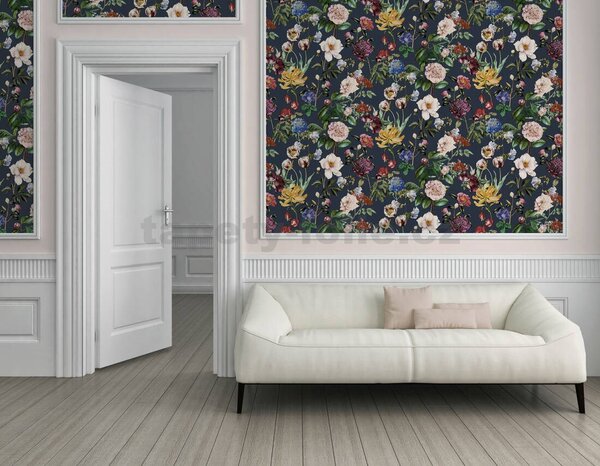 Vliesové tapety na zeď Trendwall 37236-4, rozměr 10,05 m x 0,53 m, květy barevné na černém podkladu, A.S. CRÉATION