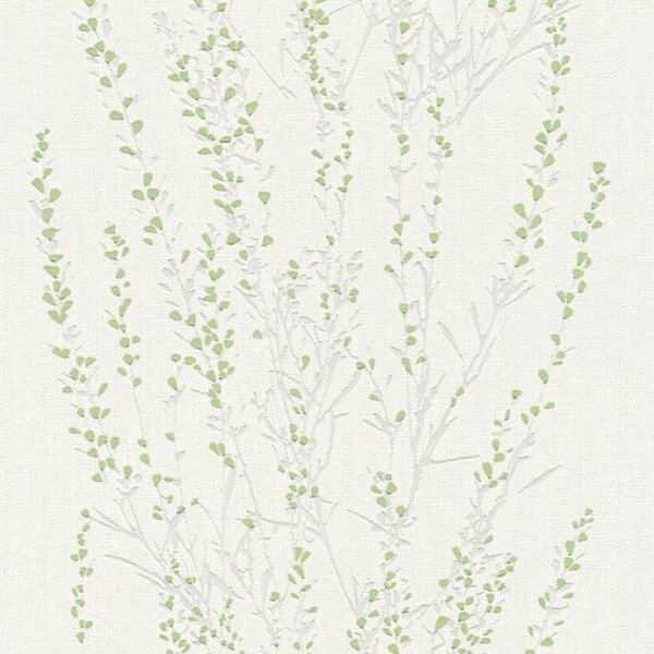 Vliesové tapety na zeď Blooming 37267-2, rozměr 10,05 m x 0,53 m, větvičky stříbrné se zelenými lístky, A.S. CRÉATION