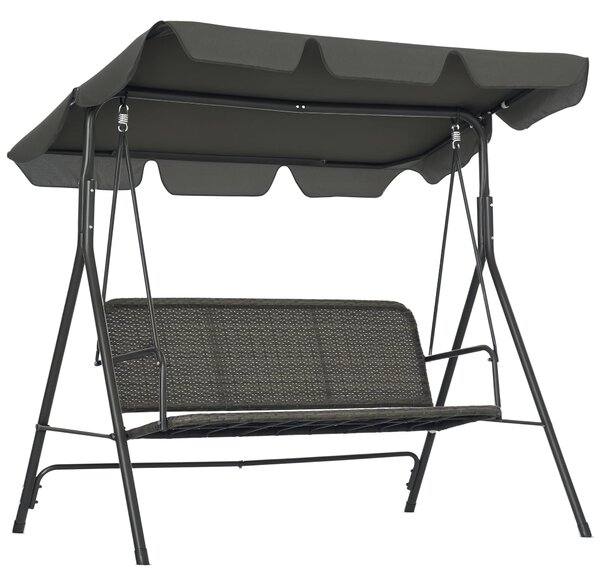 Outsunny zahradní houpačka pro tři osoby s nastavitelnou stříškou, sedadlo z PE ratanu a opěrkami na balkón, terasu, patio, nosnost 240 kg, 167x112x15