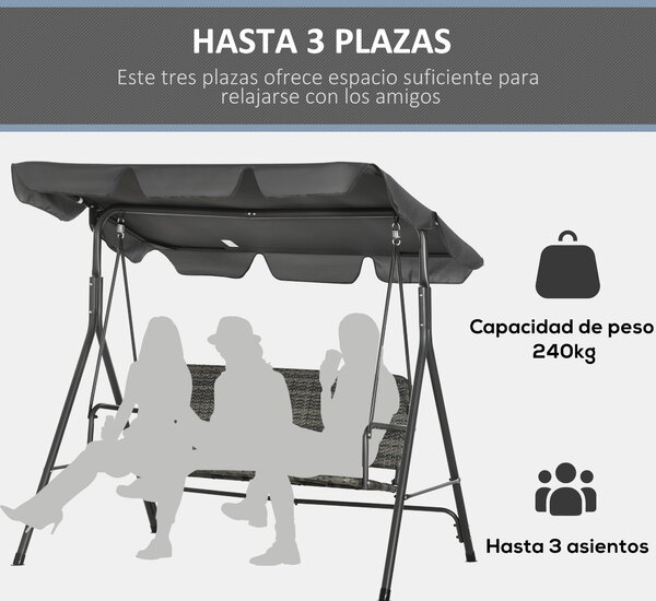 Outsunny zahradní houpačka pro tři osoby s nastavitelnou stříškou, sedadlo z PE ratanu a opěrkami na balkón, terasu, patio, nosnost 240 kg, 167x112x15