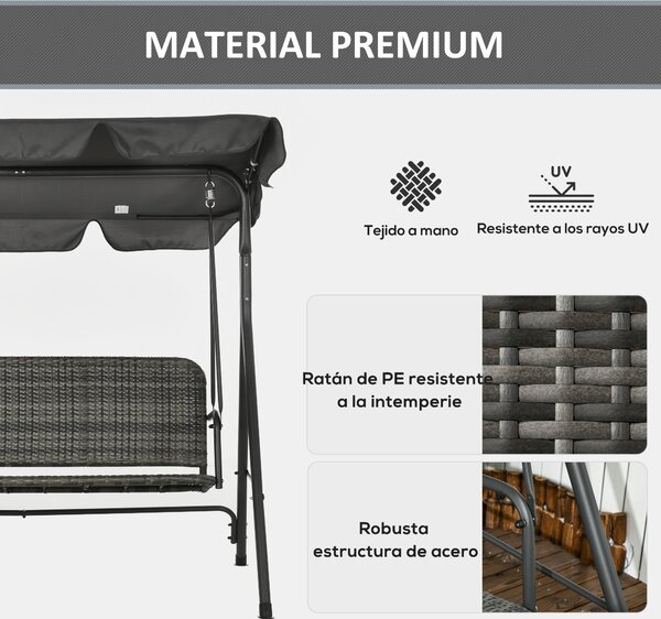 Outsunny zahradní houpačka pro tři osoby s nastavitelnou stříškou, sedadlo z PE ratanu a opěrkami na balkón, terasu, patio, nosnost 240 kg, 167x112x15