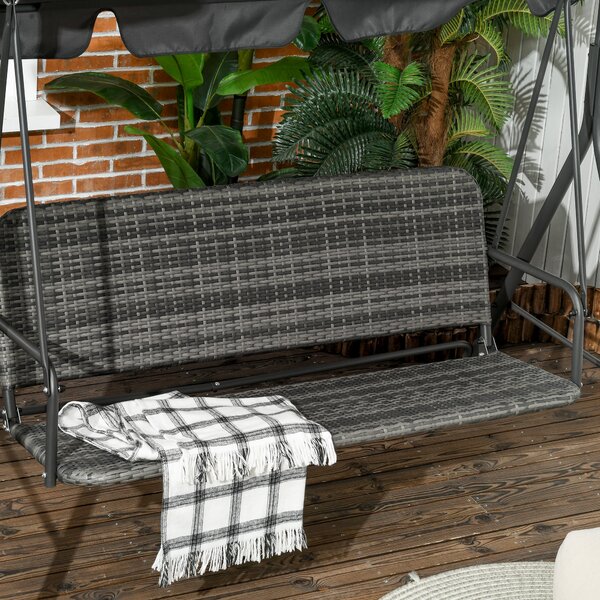 Outsunny zahradní houpačka pro tři osoby s nastavitelnou stříškou, sedadlo z PE ratanu a opěrkami na balkón, terasu, patio, nosnost 240 kg, 167x112x15