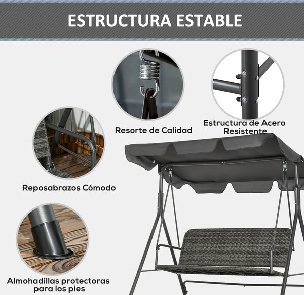 Outsunny zahradní houpačka pro tři osoby s nastavitelnou stříškou, sedadlo z PE ratanu a opěrkami na balkón, terasu, patio, nosnost 240 kg, 167x112x15