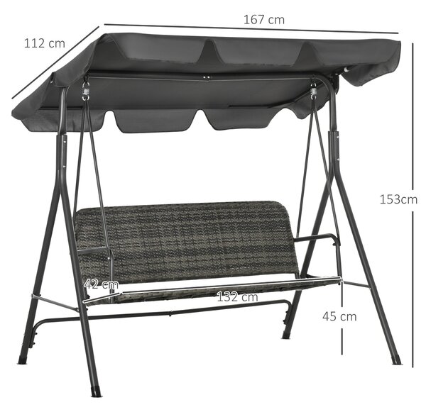 Outsunny zahradní houpačka pro tři osoby s nastavitelnou stříškou, sedadlo z PE ratanu a opěrkami na balkón, terasu, patio, nosnost 240 kg, 167x112x15