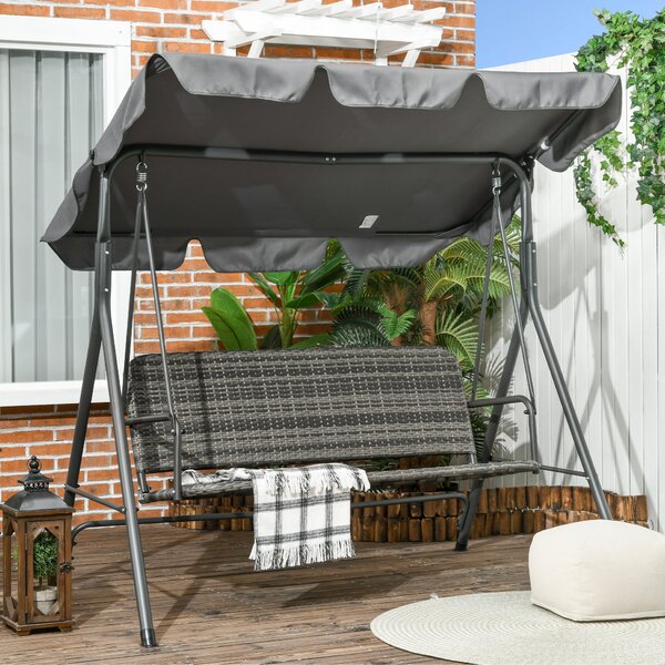 Outsunny zahradní houpačka pro tři osoby s nastavitelnou stříškou, sedadlo z PE ratanu a opěrkami na balkón, terasu, patio, nosnost 240 kg, 167x112x15