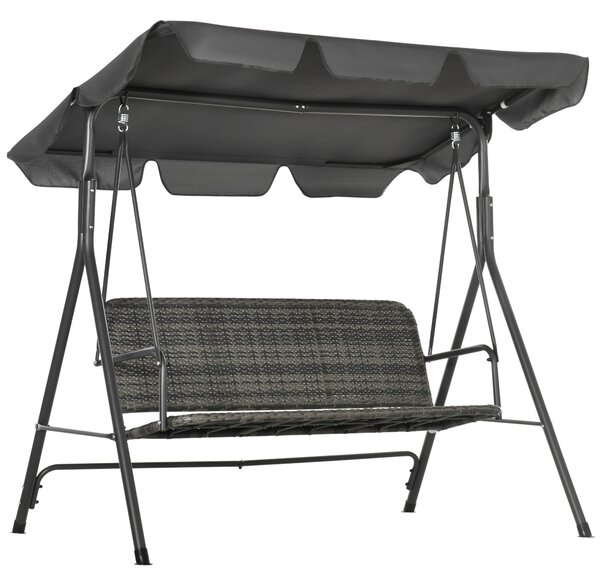Outsunny zahradní houpačka pro tři osoby s nastavitelnou stříškou, sedadlo z PE ratanu a opěrkami na balkón, terasu, patio, nosnost 240 kg, 167x112x15
