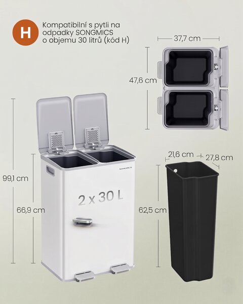 SONGMICS Odpadkový koš s víkem JORDAN 2x30 L bílý II