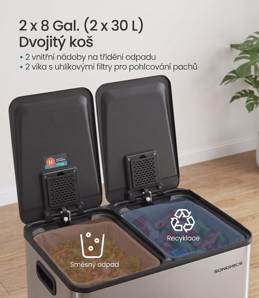SONGMICS Odpadkový koš s víkem JORDAN 2x30 L tmavě šedý II