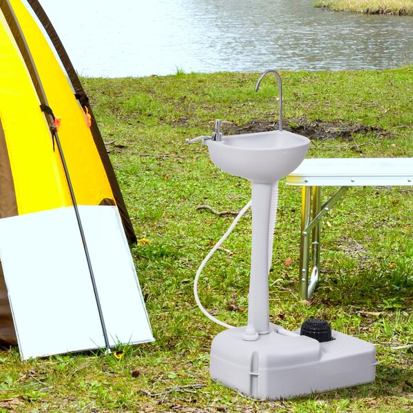 Outsunny Přenosný dřez pro venkovní mytí s 17L vodní nádrží, dávkovačem mýdla, držákem na utěrku a 2 kolečky HDPE 51x33,5x103 cm Světle šedá | Aosom