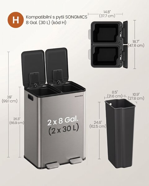 SONGMICS Odpadkový koš s víkem JORDAN 2x30 L tmavě šedý II