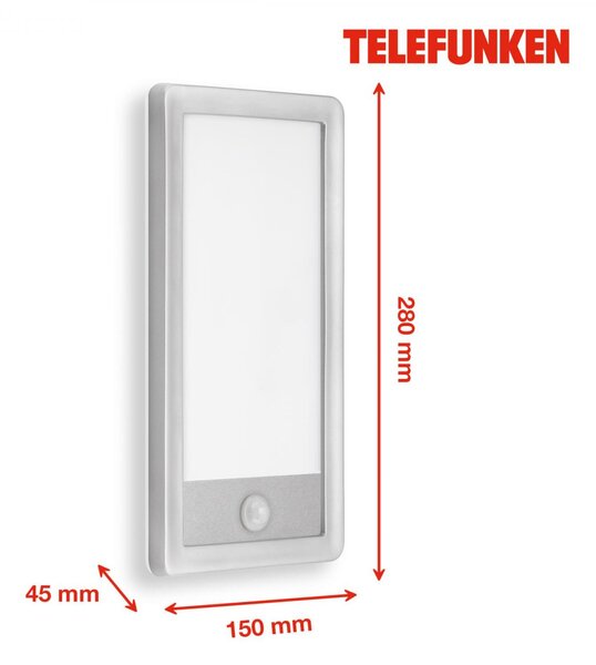 BRILONER TELEFUNKEN LED venkovní nástěnné svítidlo s čidlem, 28 cm, 16 W, stříbrná TF 313904TF