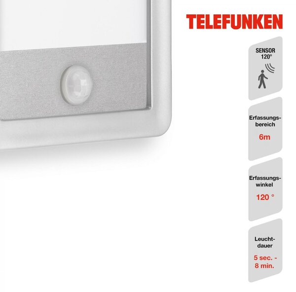 BRILONER TELEFUNKEN LED venkovní nástěnné svítidlo s čidlem, 28 cm, 16 W, stříbrná TF 313904TF
