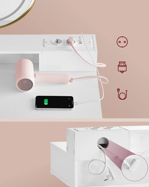 SONGMICS Toaletní stolek s nabíjecí stanicí a LED osvětlením Vasagle Virmo 80 cm bílý/zlatý