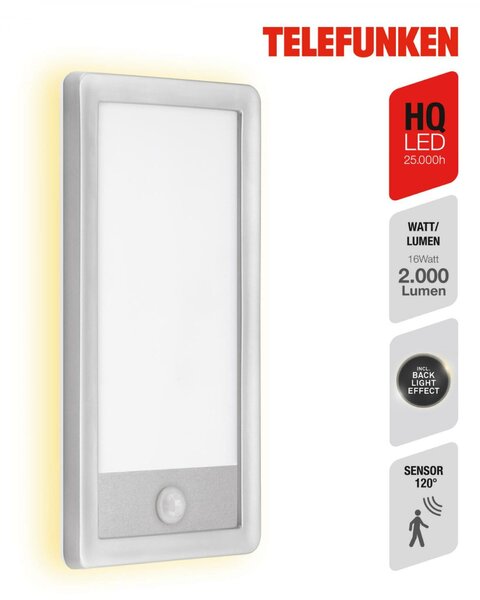 BRILONER TELEFUNKEN LED venkovní nástěnné svítidlo s čidlem, 28 cm, 16 W, stříbrná TF 313904TF